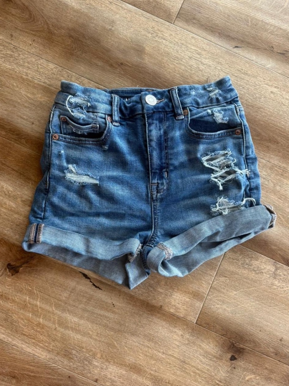 American Eagle High-Rise Distressed Denim Shorts - Blue